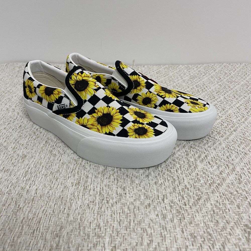 Vans Womens 5 Custom Slip-On Shoes Checkerboard Sunflower Shoes NWT